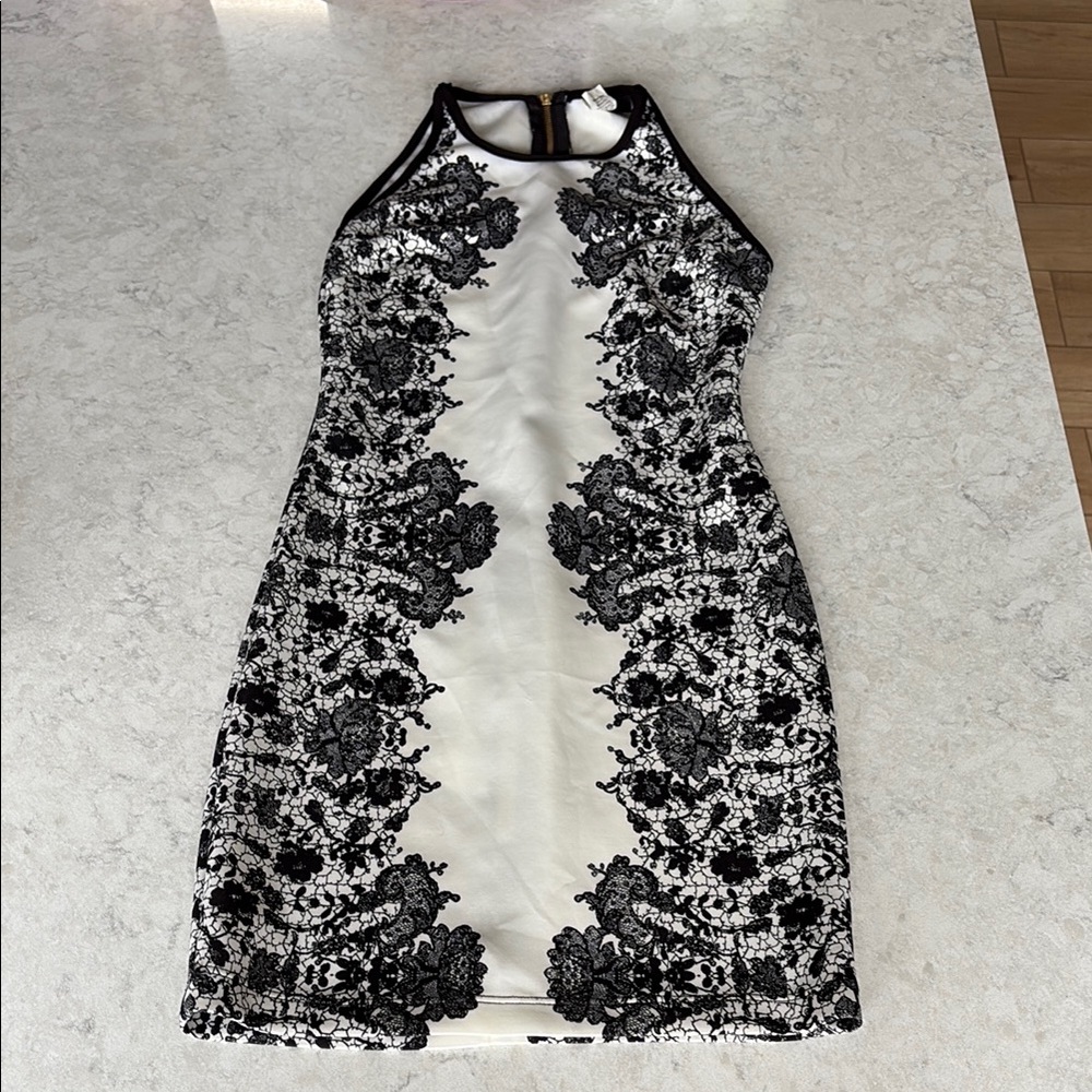 B Darlin Black and White Halter Sheath Midi Dress